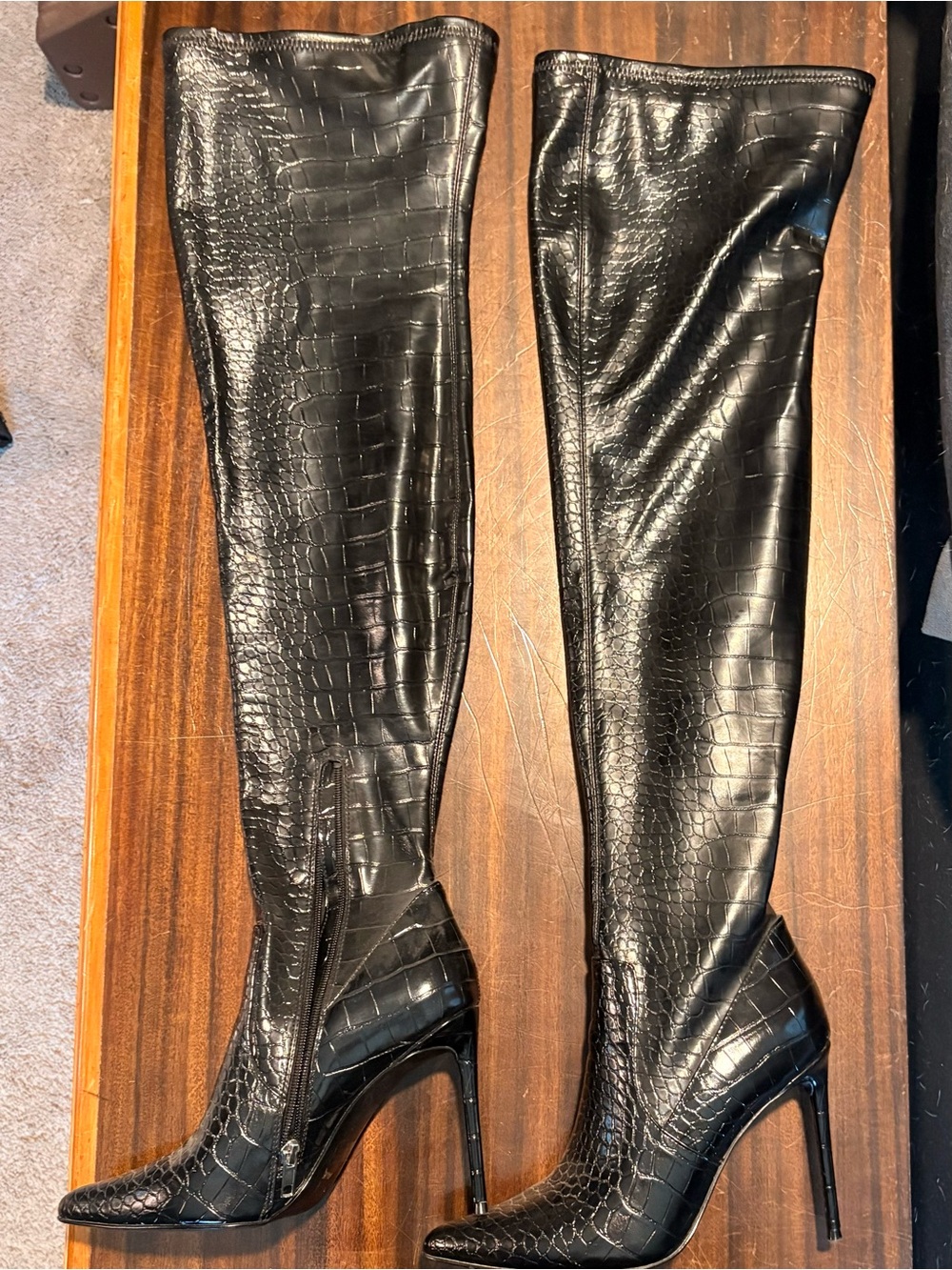 Steve Madden Black Croc-Embossed Thigh High Stiletto Boots